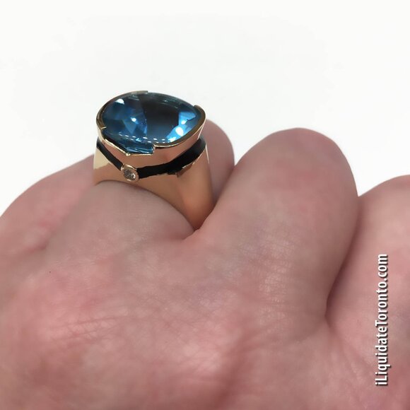 NWOT Custom Made Men's 10K YG Cushion Faceted Blue Topaz, Enamel & Diamond Ring - Picture 9 of 14